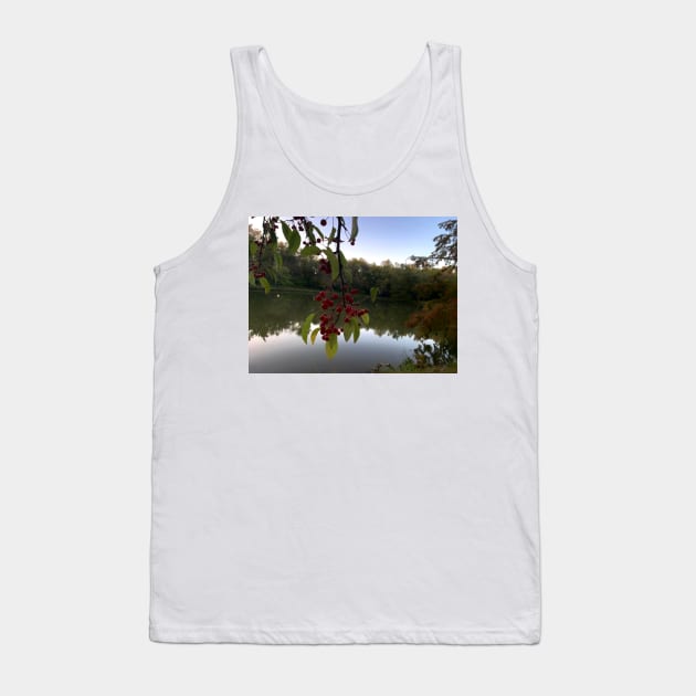 Red Berries Against a Peaceful Pond - Tomahawk Creek Pond Overland Park KS Tank Top by Zen Goat 